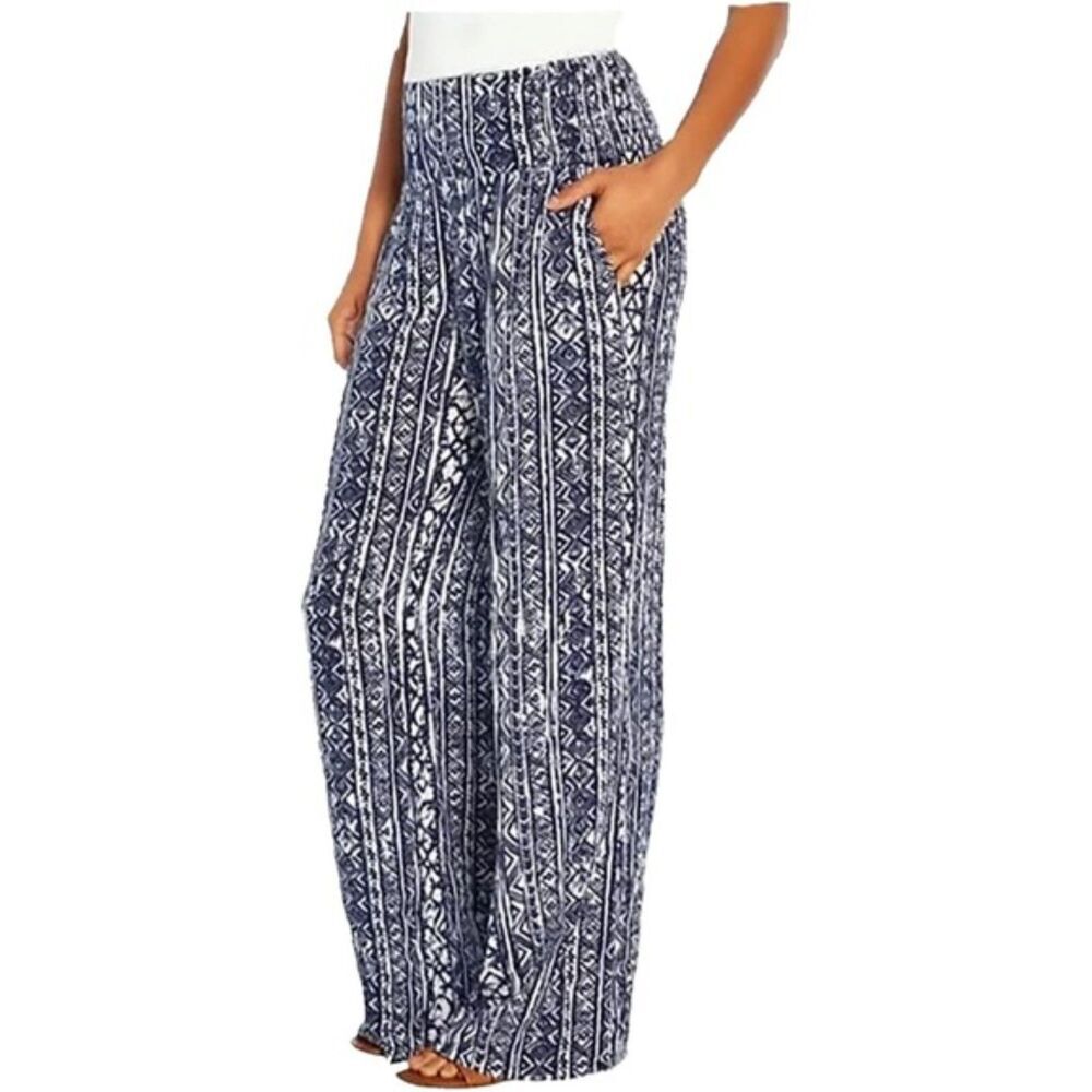 THREE DOTS Blue White Boho Wide Leg Smock Waist Pull On Lightweight Pants Large
